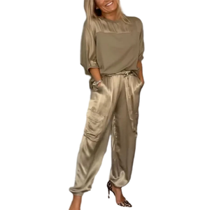Women's Smooth Satin Half-sleeved Top and Pant Suit