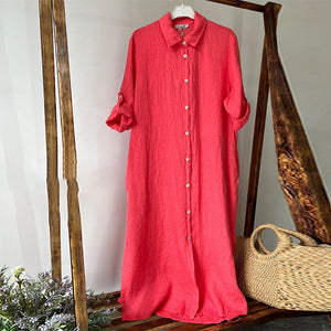 Lapel Buttoned Cotton and Linen Dress