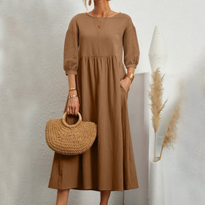 Solid Color Lantern Sleeve Loose Cotton Linen Dress