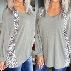 Leopard Print Stitching V-Neck Loose Pullover