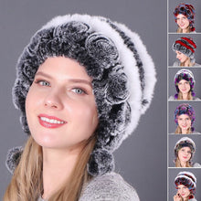 Load image into Gallery viewer, Warm Flowers Striped Real Rex Rabbit Fur Hats