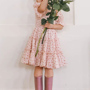 Children's Square Neck Lantern Sleeve Floral Plaid Dress