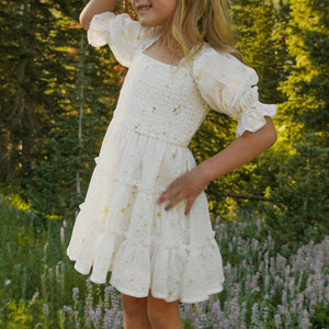 Children's Square Neck Lantern Sleeve Floral Plaid Dress