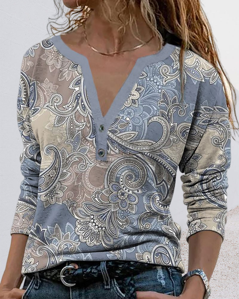 Long Sleeve Paisley Top with V-neck