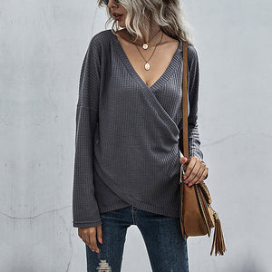 Irregular Long Sleeve V-Neck Knit Sweater