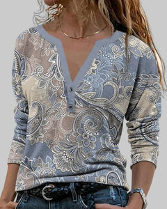 Long Sleeve Paisley Top with V-neck