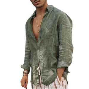 Men's Solid Color Cotton Linen Loose Long Sleeve Shirt