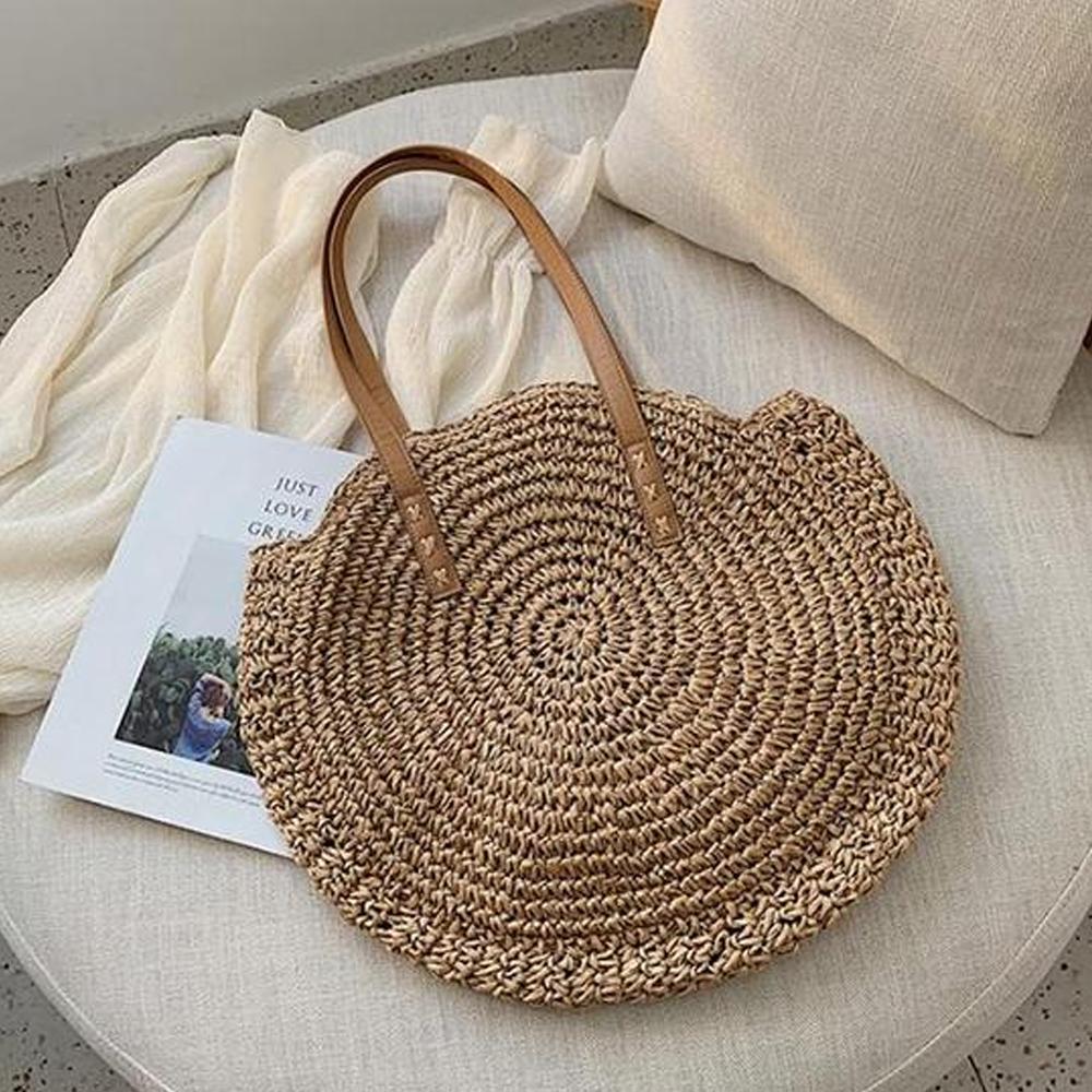 Hand Woven Round Ladies Bohemian Summer Straw Beach Bag