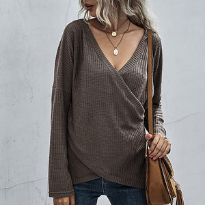 Irregular Long Sleeve V-Neck Knit Sweater